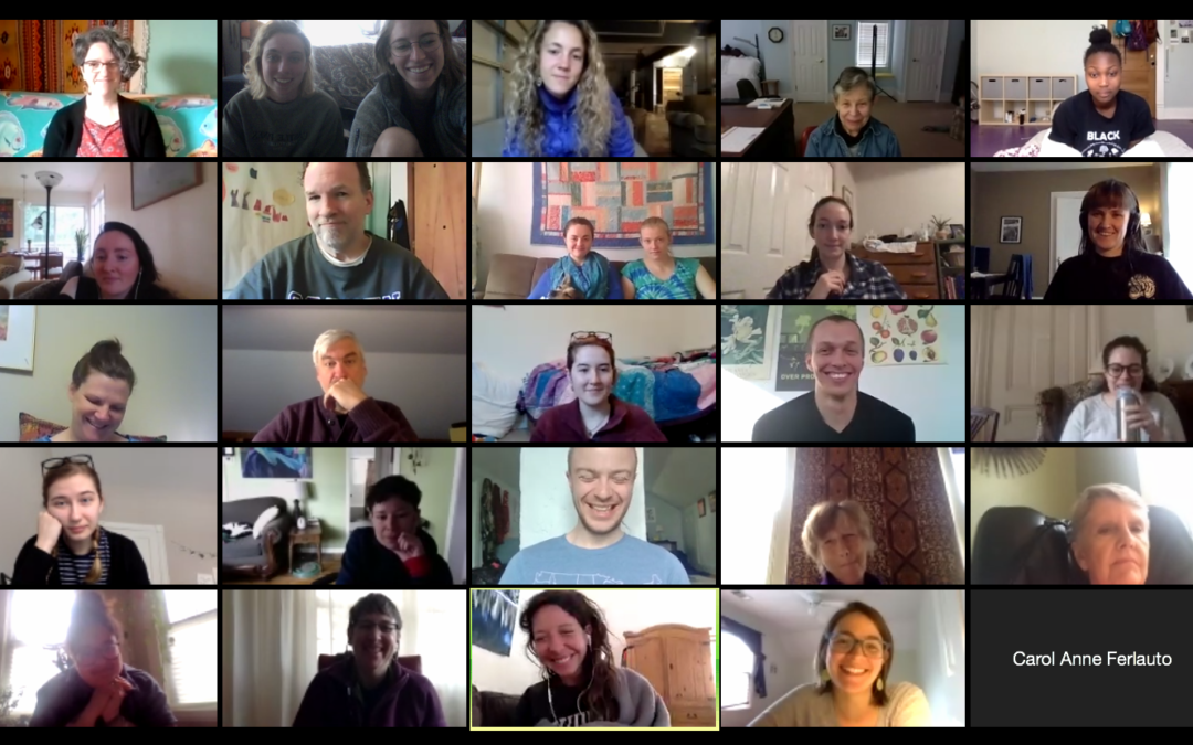 Screenshot of a QVS daily worship call on Zoom. Around 25 people in an image grid in their own homes.
